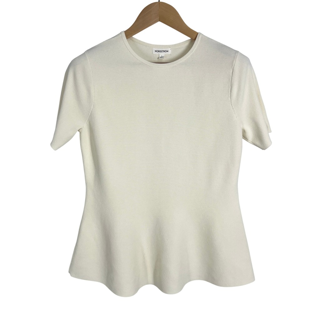 Nordstrom Womens Ivory Ribbed Peplum Knit Top Short Sleeve Large NO520528MI